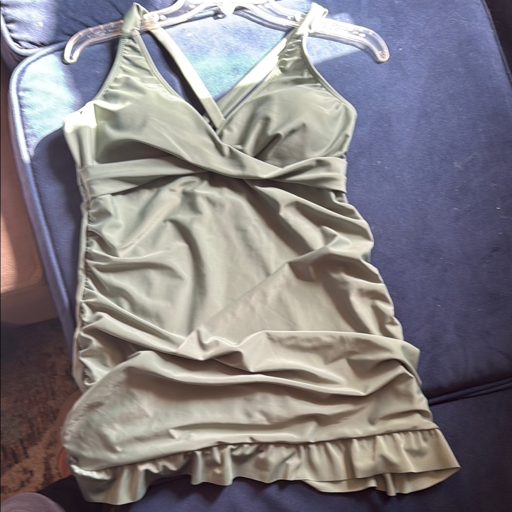 Green Ruched V-Neck Swim dress